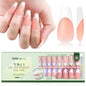 150PCS Short Coffin Press on Nails 3 in 1 Coat Soft Gel Nail Tips French Tip 15 Sizes