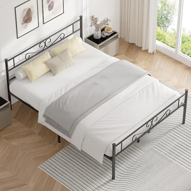 Queen Metal Platform Bed Frame with Headboard & Footboard, Steel Slats Mattress Foundation, No Box Spring Needed,Black