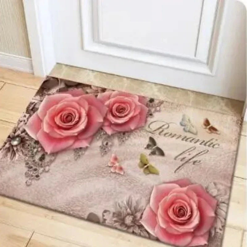 Sweet Rose Print Doormat Non-slip Floral Printed Floor Rug Washable Throw Carpet For Bathroom Living Room Kitchen Home Decor Mat