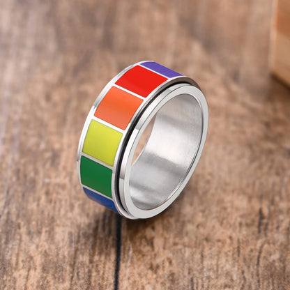 Vnox Rock Spinner Rainbow Color Wedding Rings for Men Women,Stainless Steel Metal 2 Layers Bands, 8MM Wide US Size,LGBTQ Jewelry