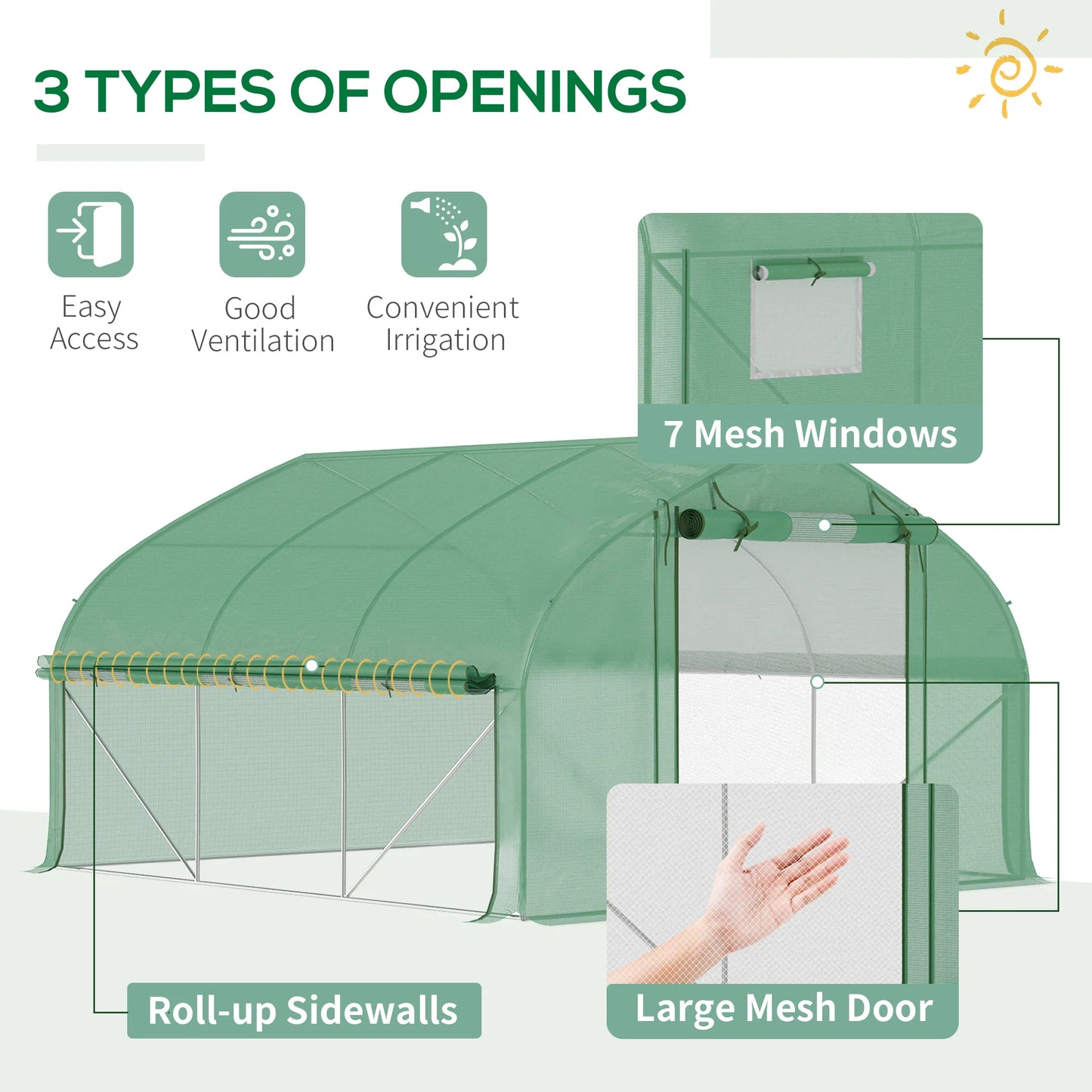 Outsunny Tunnel Greenhouse W/ Mesh Door & Roll-Up Sidewalls Hot House Green