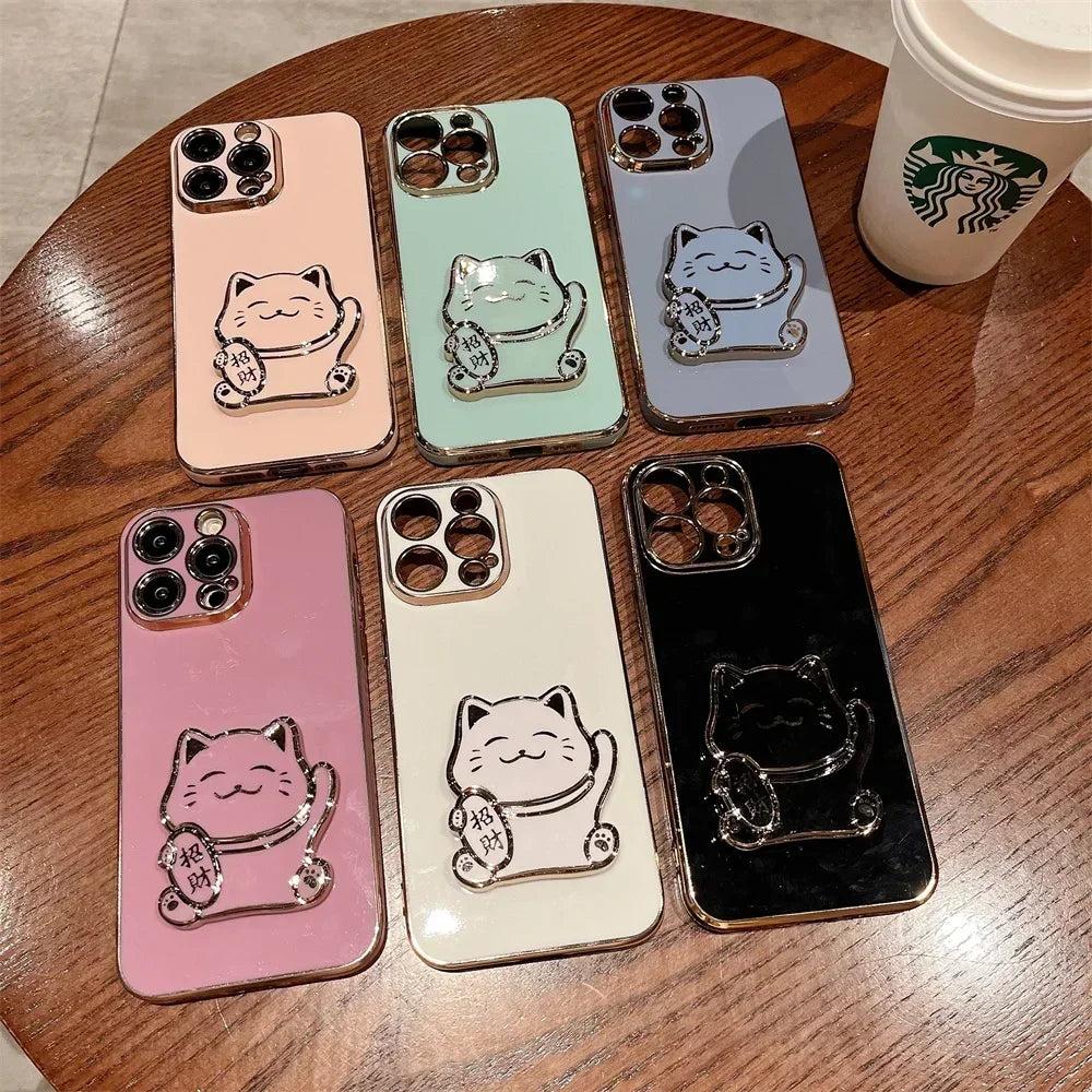 Lucky Cat Folding Stand Silicone Phone Case for iPhone 16 15 14 Pro Max 13 12  Plus XR  Max 11 Luxury Plating Case