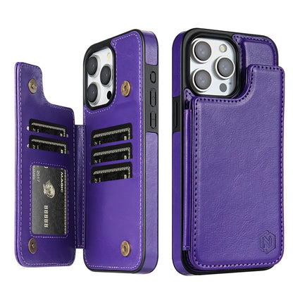 Magnetic Wallet Case for iPhone – Solid‑Color Leather Cover with Double Buckle, RFID‑Blocking Card Holder (iPhone 15/14/13/12/11, XR, XS, SE2, 8, 7)