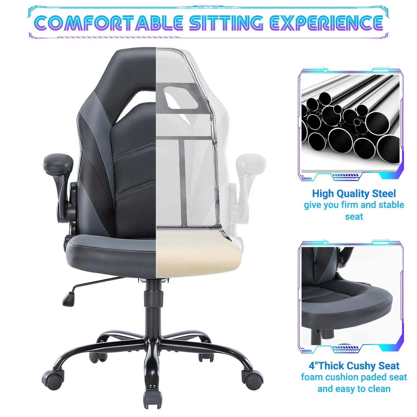 Office Desk  Computer Chair Ergonomic Adjustable PU Leather Racing Flip-up Armrest  JHK