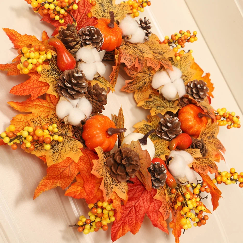 45/50cm Artificial Wreath Foam Pumpkin Fake Pine Cones Maple Leaves Wreath for Autumn garland Thanksgiving Wreath Decorations