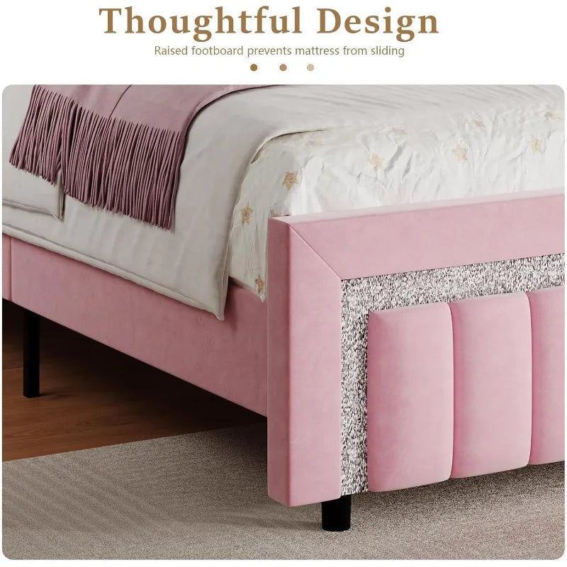 Queen Bed Frame with Headboard, Pink Velvet Upholstered Bed Frame with Diamond Footboard, Soft Bed Frames, Vertical Chann