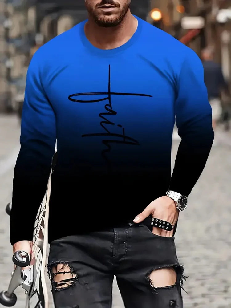 Fashion Trend Men's Crew-neck Long Sleeves Cross 3D Printed Men's Casual Pullover T-shirt Casual All-match Men's Top S-5XL