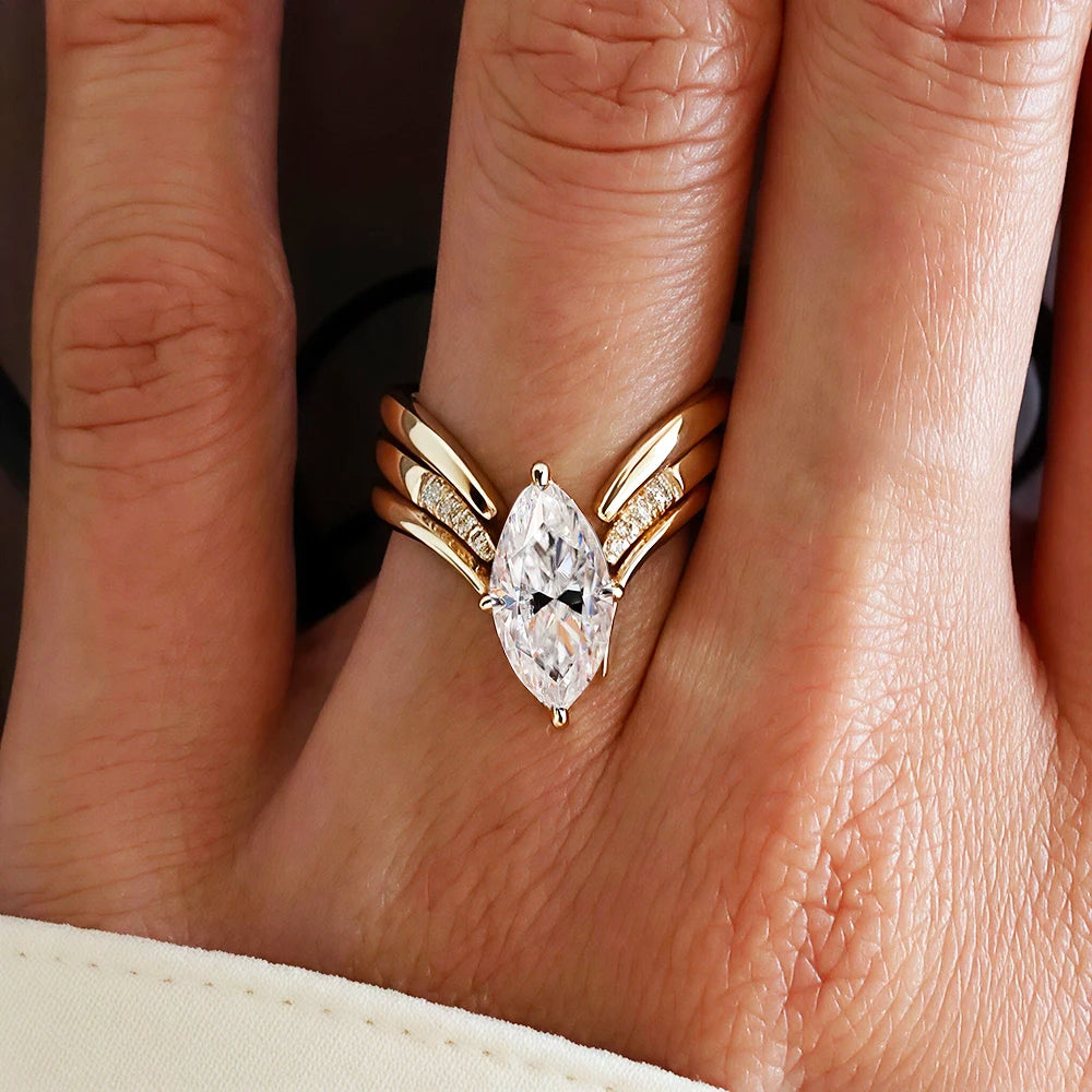 Marquise Cut Moissanite Ring Set S925 Silver Plate 18K Gold for Women GRA Certified Lab Diamond Wedding Band Gifts Jewelry