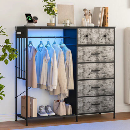 150cm Chest of Drawers, Reversible 6 Fabric Drawers Hanging Rack Dresser Closet w/LED Lights & Charging Station for Kids Bedroom
