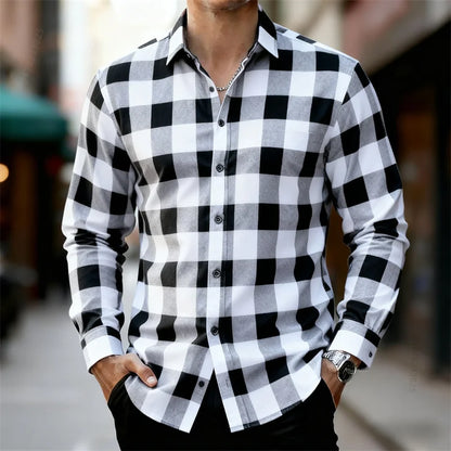 Men's classic red and black plaid long-sleeved shirt casual retro