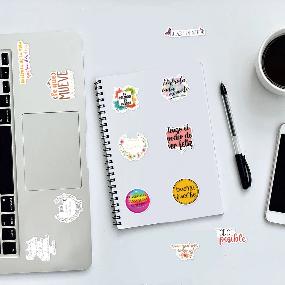 10/30/50pcs Spanish Inspirational Quotes Stickers Cartoon Motivational Phrases Decals Scrapbook Phone Case Luggage Sticker Decor