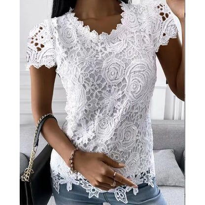Women Lace Hollow T Shirt Top Fashion Round Neck Long Sleeve Office Lady Blouses Casual Vintage High Street Boho Tops All Season