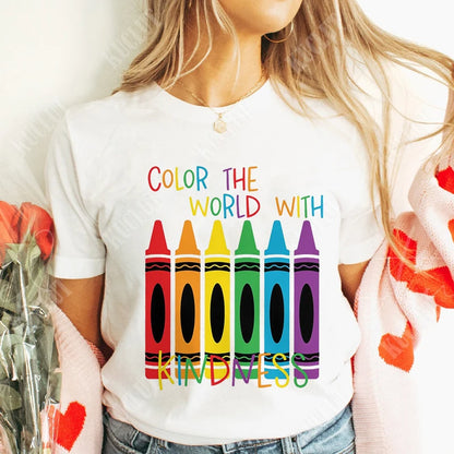 Color The World with Kindness T Shirt for Women Clothing Back To School Tops Teachers' Day Gift Harajuku Short Sleeve Tees