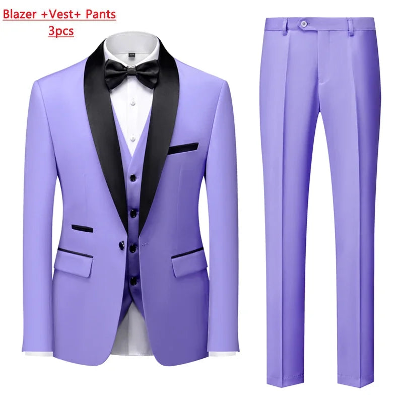 Men's Solid Color Suit Jacket Blazer Waistcoat Vest Pants Set M-6XL
