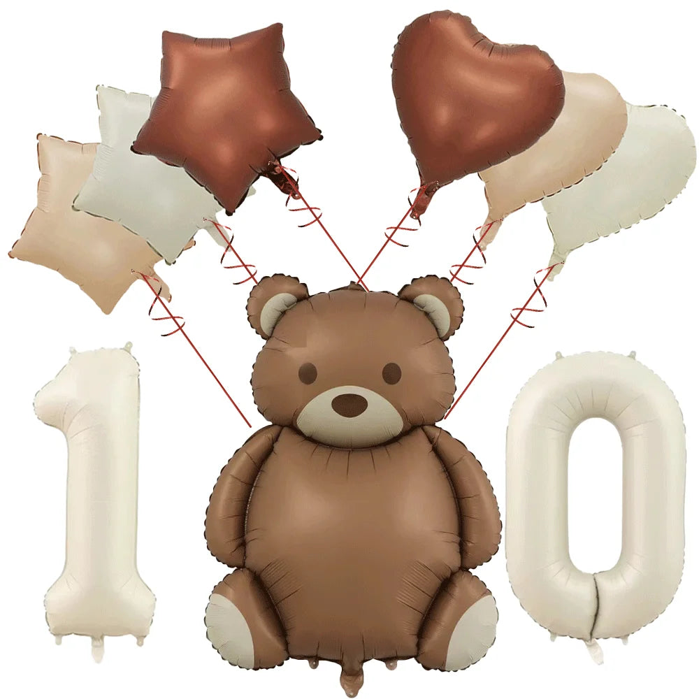 Cute Teddy Bear Party Birthday Number Balloons Large Retro Brown Bear Foil Balloon Set 8 pcs Baby Shower Birthday Party Decor