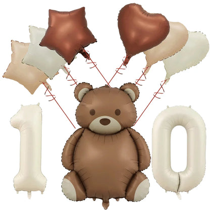 Cute Teddy Bear Party Birthday Number Balloons Large Retro Brown Bear Foil Balloon Set 8 pcs Baby Shower Birthday Party Decor