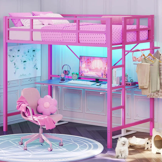 Twin Pink Loft Bed with LED Lights, Loft Bed Twin Size with Full-Length Guardrail &Clothes Rack, Heavy Duty Loft