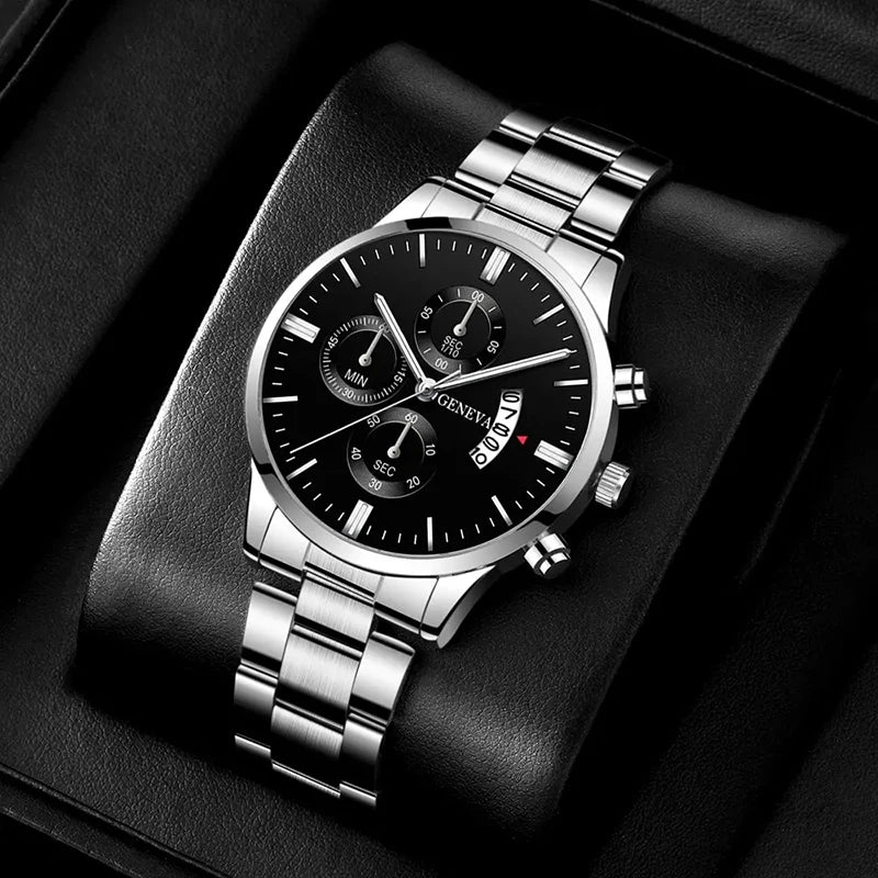 3PCS/Set Men's Casual Stainless Steel Luxury Calendar Quartz Watch,1 Pc Bracelet, 1 Pc Necklace
