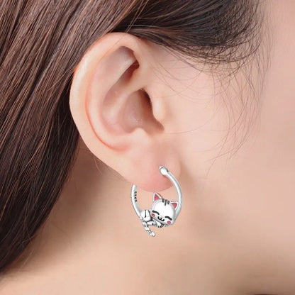 925 Sterling Silver Hoop Earrings Simple Sleeping Cat Earrings For Engagement Wedding Party Birthday Jewelry Gift