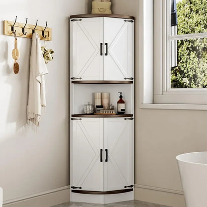 64.8" Farmhouse Corner Cabinet with Barn Doors, 5 Shelves for Kitchen Living Room Storage White