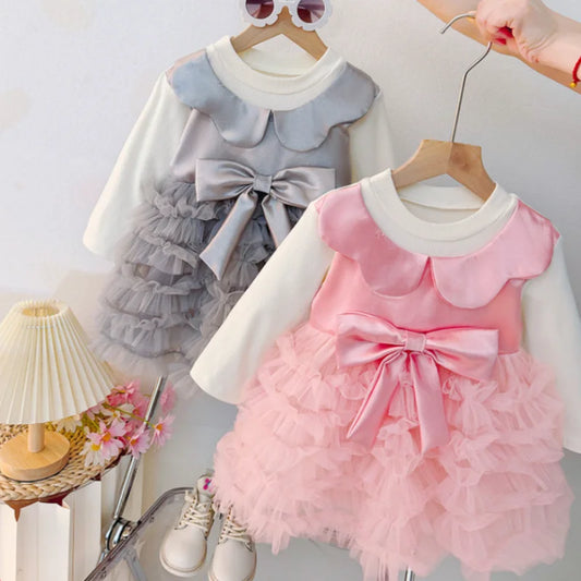 Girls Dresses Autumn Winter Cotton Bow Mesh Long Sleeved Baby Girl Dress Sweet And Cute Princess Dress Baby Clothing