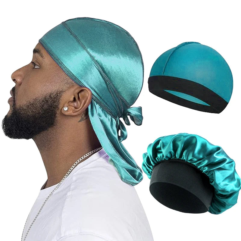 Set of 3 Men’s Silky Durags: Long Tail Pirate Hat, Headband Turban, Dome Wave Cap, Unisex Wig Cap with Elastic Band, Satin Bonnet