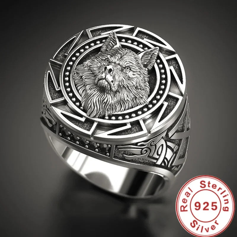 Retro 925 Sterling SilverTotem Thai Warrior Wolf Head Men's Ring