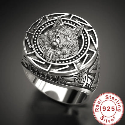 Retro 925 Sterling SilverTotem Thai Warrior Wolf Head Men's Ring