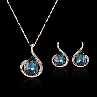 3pcs\ Women Elegant Waterdrop Rhinestone Pendant Necklace Hook Earrings Jewelry Set