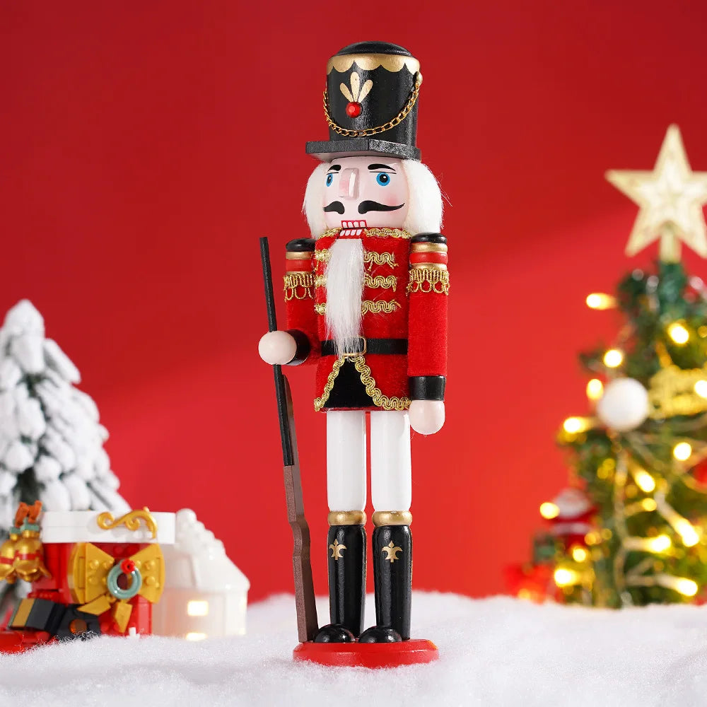 Decorative nutcracker figure in a festive setting with Christmas trees and lights.