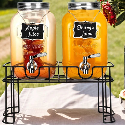 Drink Dispenser 2 Packs 1 Gallon Glass with Stand and 304 Stainless Steel Faucet Party Iced Tea Lemonade Juice Water Dispenser