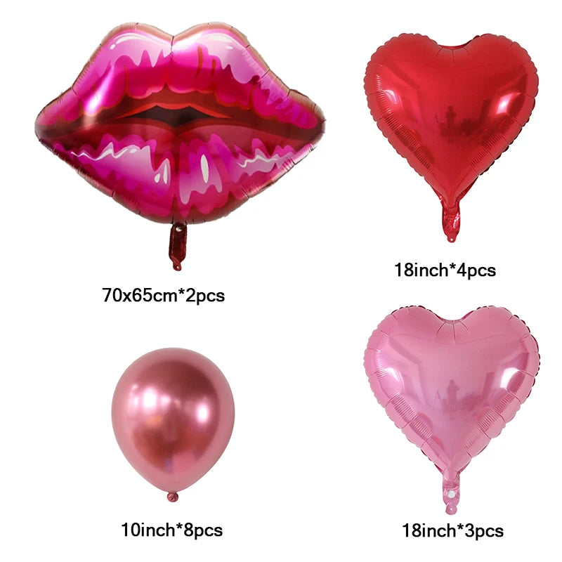 Makeup Theme Lipstick Heart Foil Balloons Makeup Birthday Balloons Set Valentine's Day Decorations Wedding Decor Baby Shower