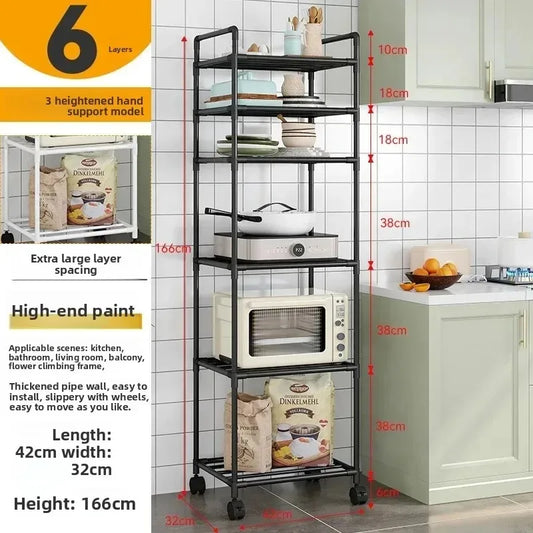 Kitchen multi-layer floor storage rack, household movable storage rack integrated against the wall storage steel frame
