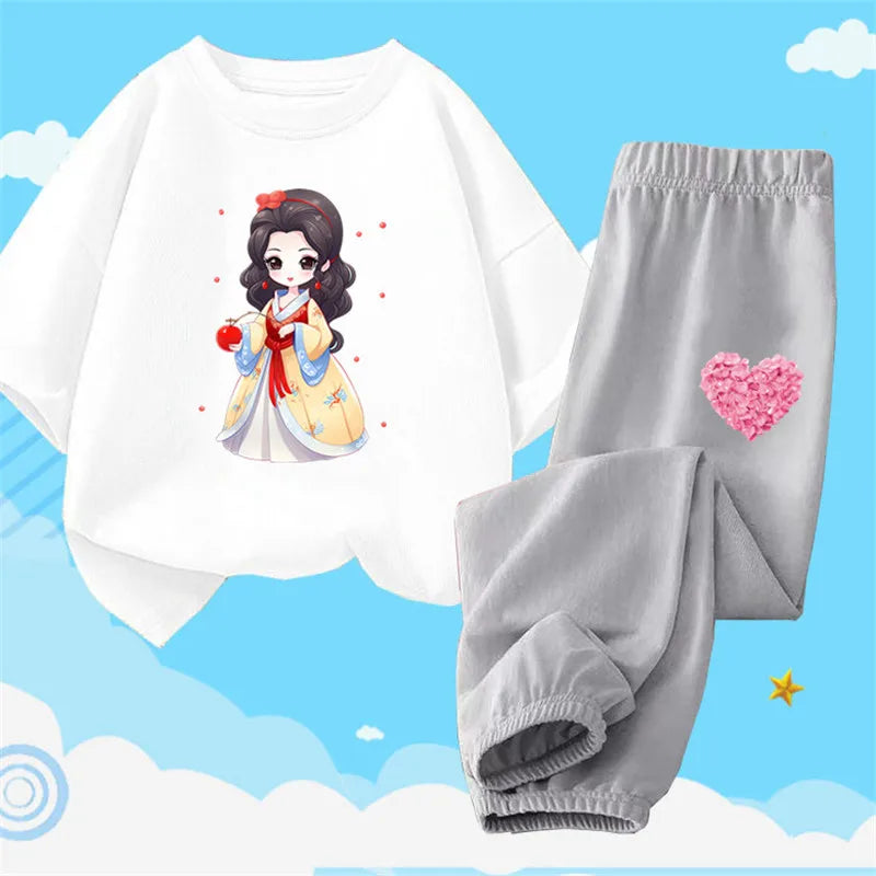 Teens Girls' 2-Piece Fashion Outfit: Princess Short Sleeve T-Shirt and Long Pants Tracksuit Set