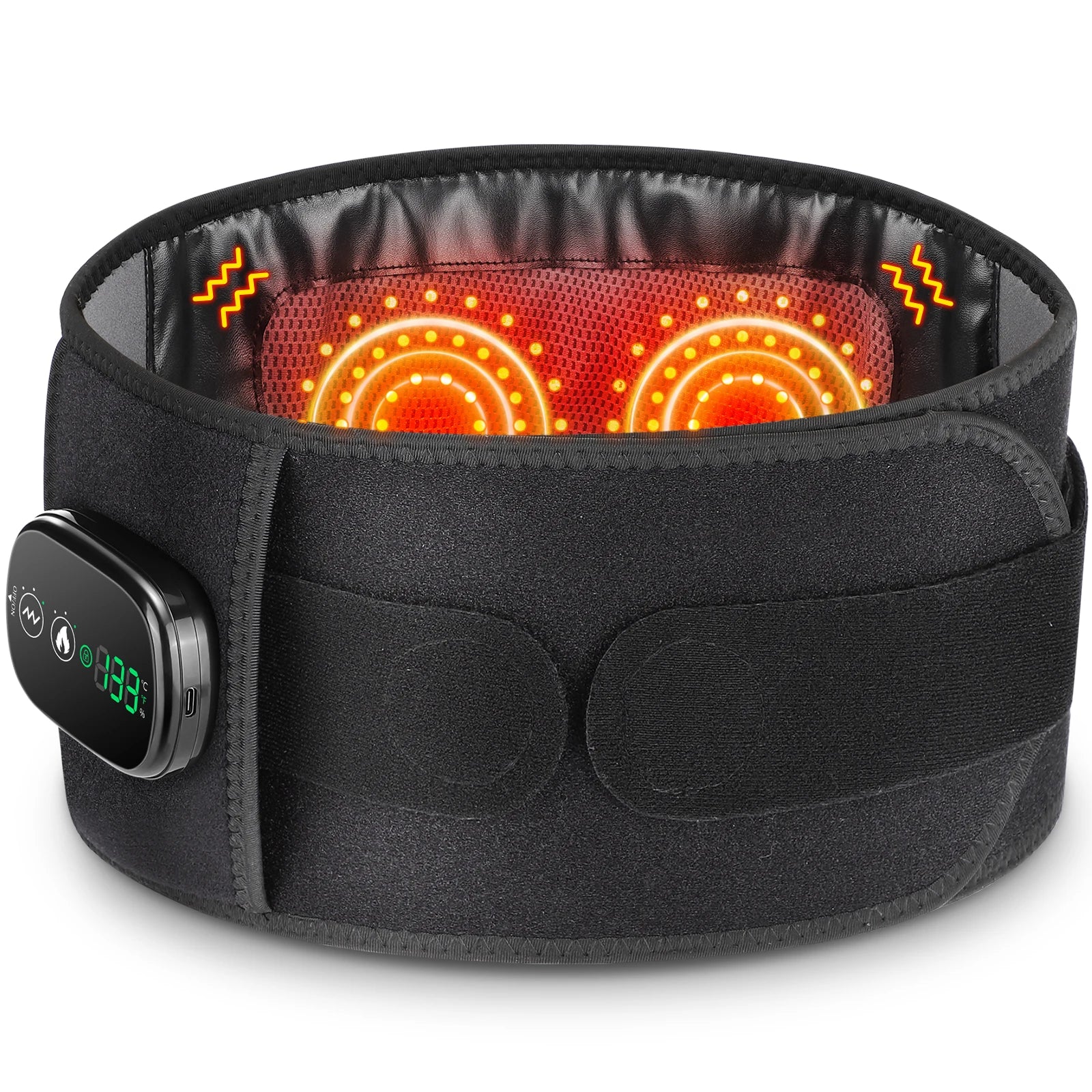 Black heating belt with digital display on a white background