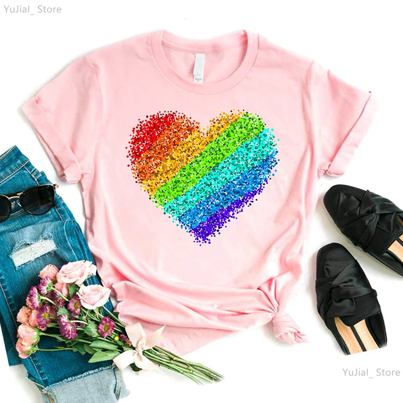 Rainbow Heart Print Lgbt T Shirt Summer Top Female T-Shirt Cute Girl Tumblr Clothes Tee Shirt Femme Streetwerar 90s 00s Tshirt