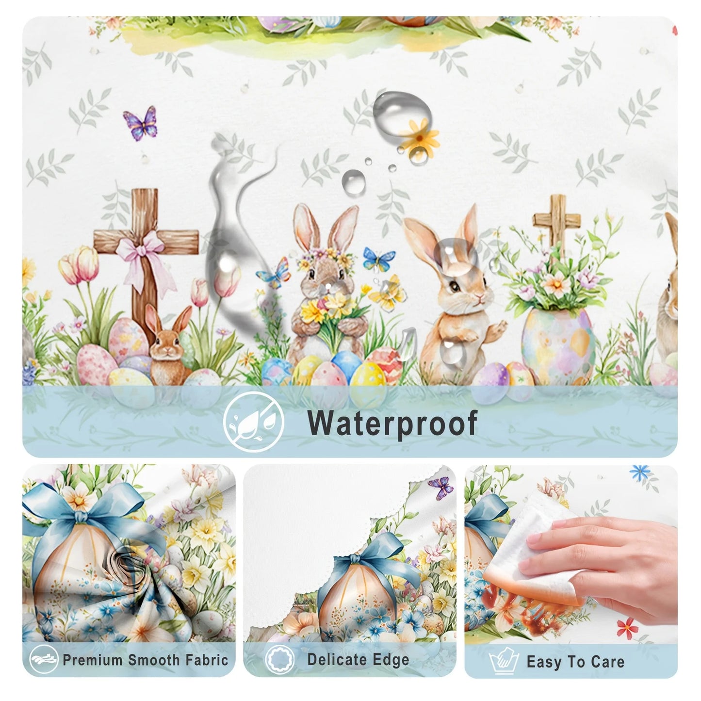 Easter Bunny Egg Floral Rectangle Waterproof Tablecloth Holiday Party Decor Reusable Kitchen Dining Tablecloth Easter Decoration