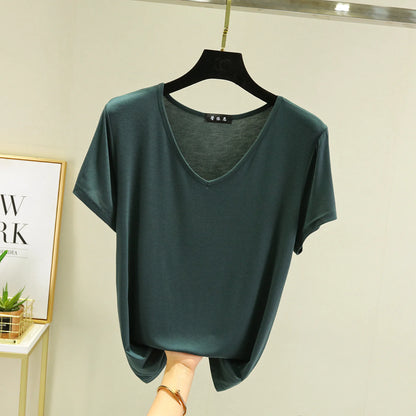 Summer women Modal V-Neck Tshirt Thin Bottoming T-shirts Plus size Loose tee tops Streetwear Basic Top