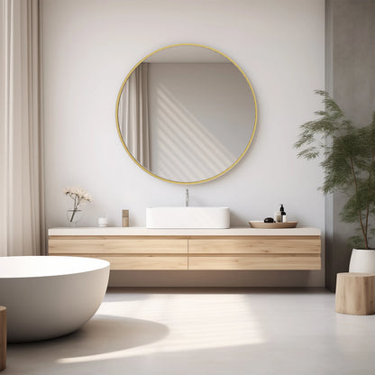 Large Gold Round Vanity Framed Mirror for Wall Matte Metal Framed 30 Inch Modern Mirror Tempered Glass Bedroom Living Room