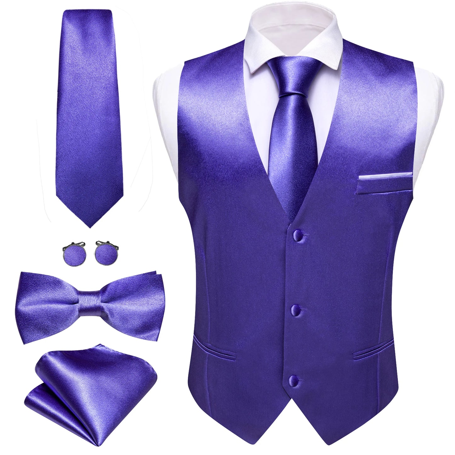 Designer Men's Vest Solid Silk Satin Waistcoat Tie Bowtie Hanky Set