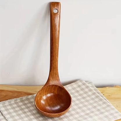 1pc Non-Stick Wooden Cooking Spoon, Daily Solid Anti-scalding Soup Ladle For Kitchen