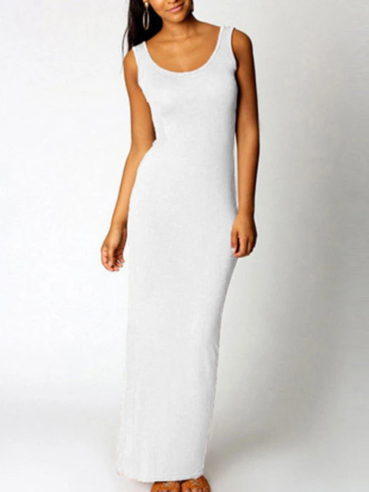 Sexy Solid Color Slim Bodycon Long Maxi Dress Women Elegant Sleeveless Skinny Dress Club Party Vestidos