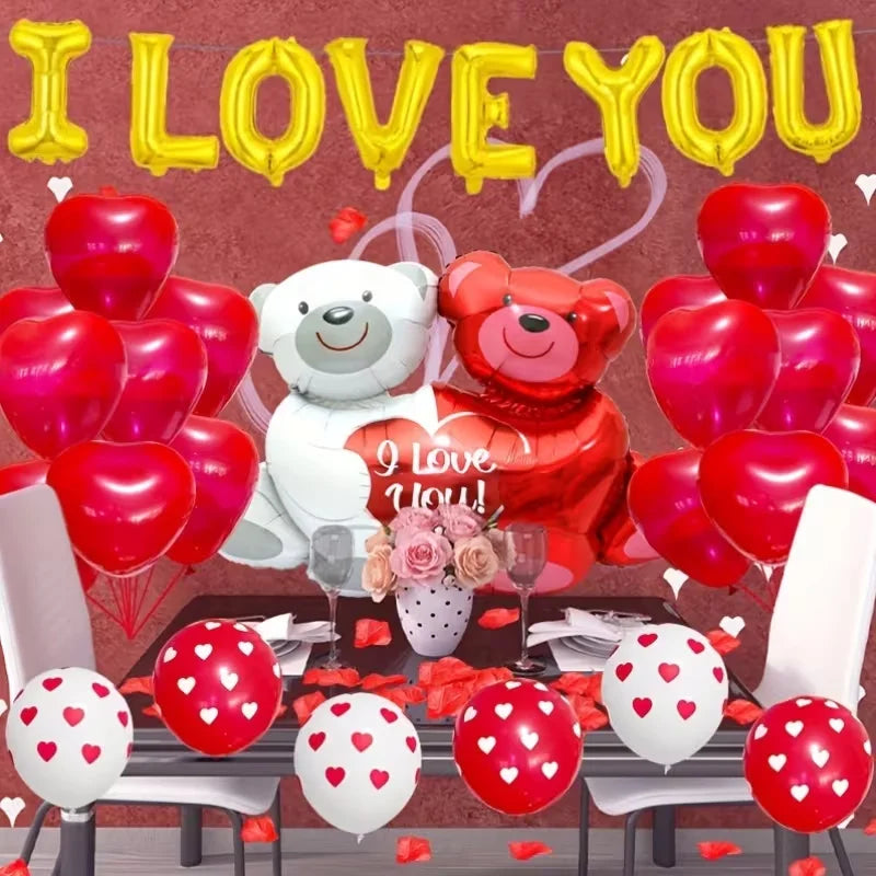 Valentine’s Day Foil Balloon Set – “I Love You” Letters, Hearts & Bear Romantic Party Decor