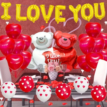 Valentine’s Day Foil Balloon Set – “I Love You” Letters, Hearts & Bear Romantic Party Decor