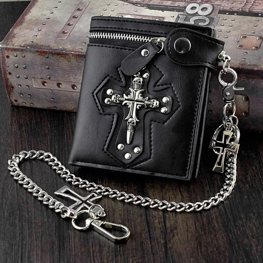 1pcs Gothic Leather Wallet with Vintage Chain & Rivets Skull Cross Design Coin Purse Punk Rock Accessories