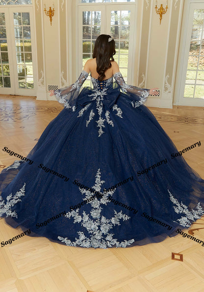 Princess Quinceañera Ball Gown – Lace Appliques, Glitter Tulle & Detachable Sleeves
