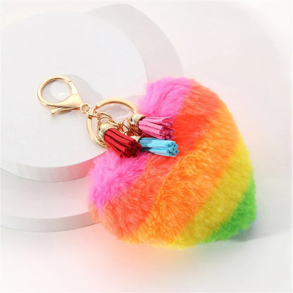 Rainbow Heart Pompom Keychain – Colorful Plush Ball Tassel Bag Charm for Women