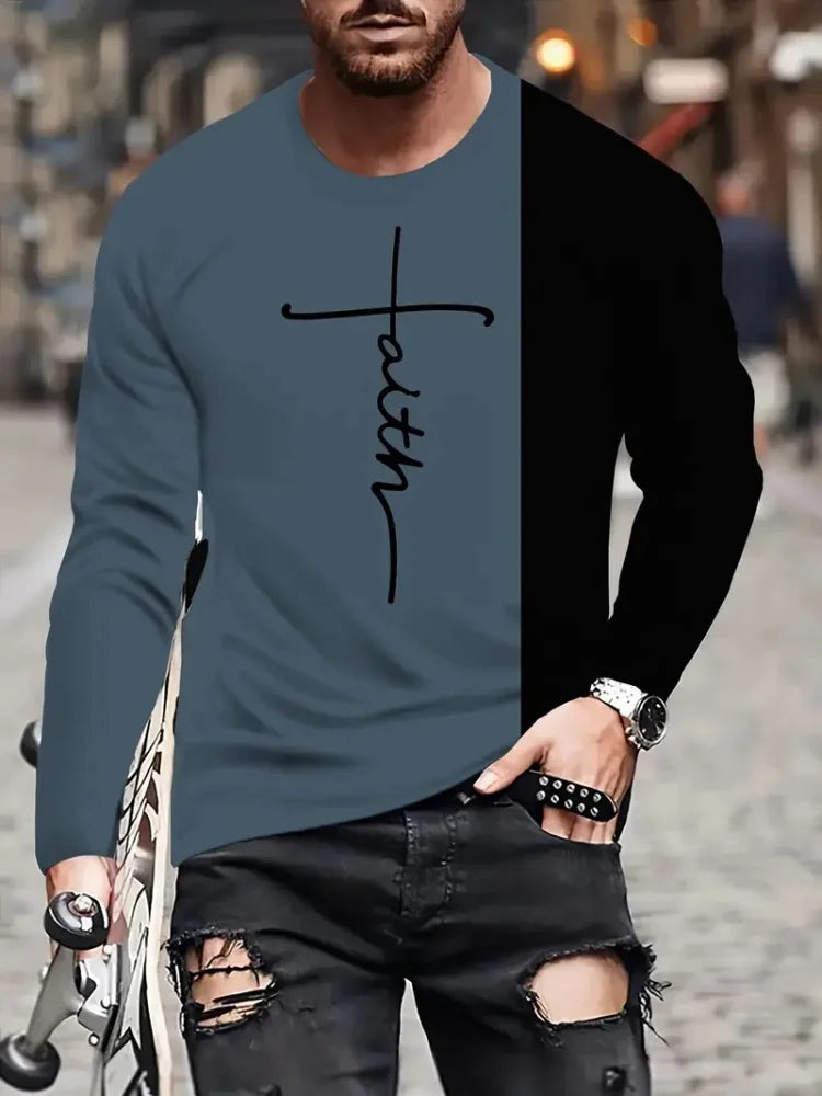 Fashion Trend Men's Crew-neck Long Sleeves Cross 3D Printed Men's Casual Pullover T-shirt Casual All-match Men's Top S-5XL