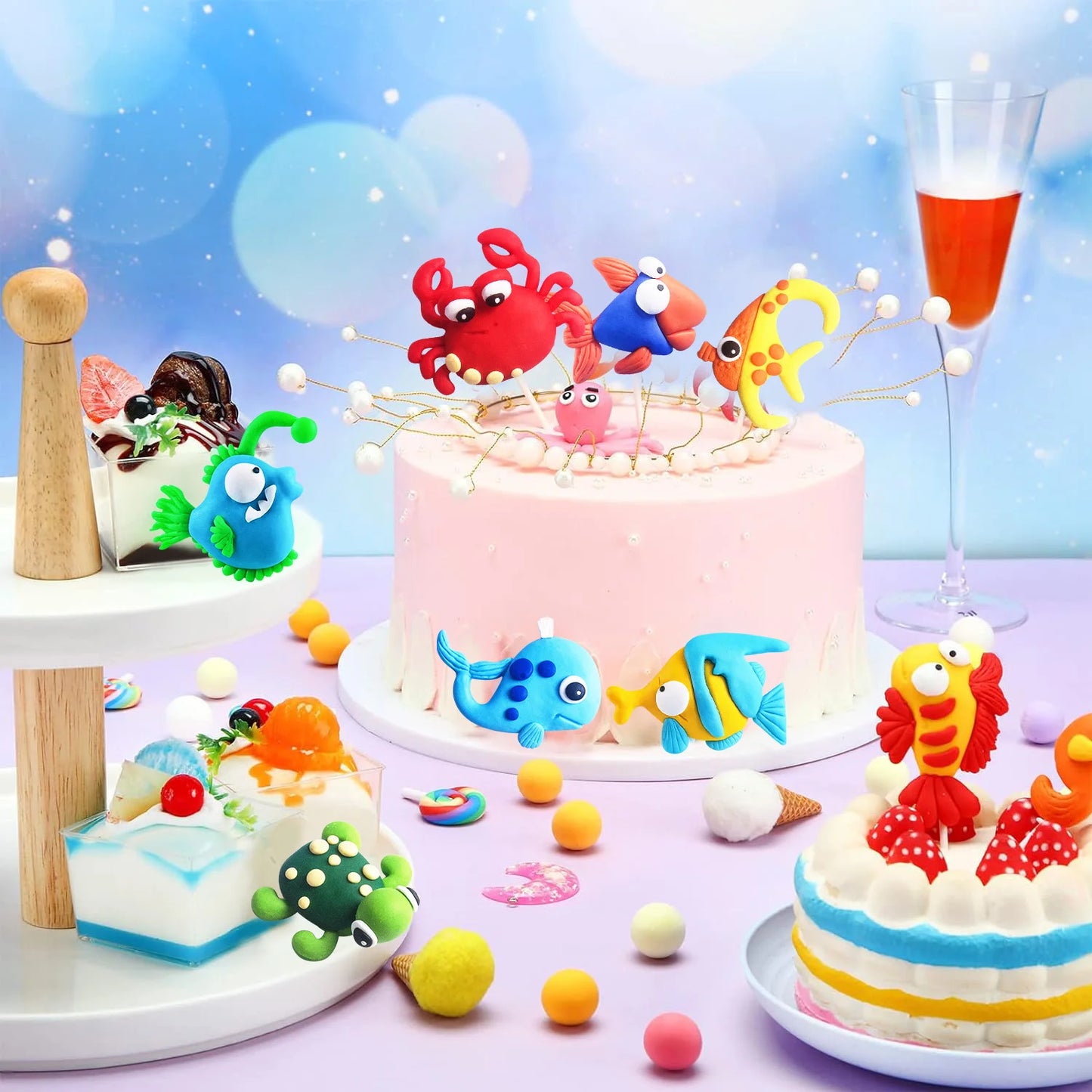 7pcs Under the Sea Cake Toppers Ocean Cake Decorations  Party Favors for Baby Shower Ocean Birthday Party Decorations Supplies