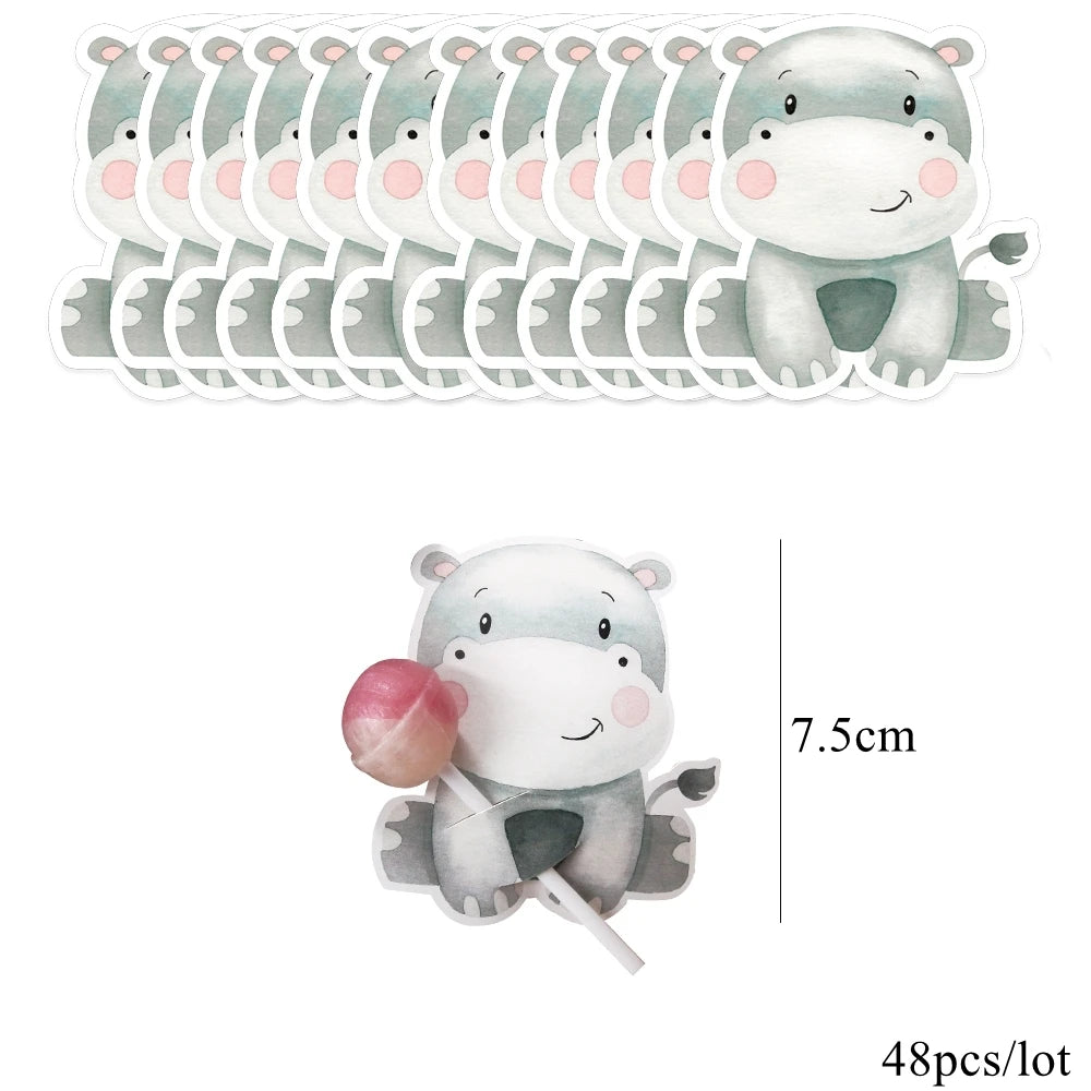 48pcs Wild Animal Lollipop Cards Carton Candy Holder For Kids Wild Forest Happy Birthday Party Candy Gift Accessories Supplies